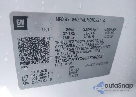 2019 Chevrolet Tahoe Lt z USA, uszkodzony, nr VIN 1GNSCBKC2KR359293